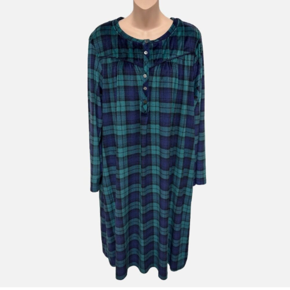 Aria Collections Nightgown Velour Green Plaid Lounge Wear XL(16-18) COZY SOFT